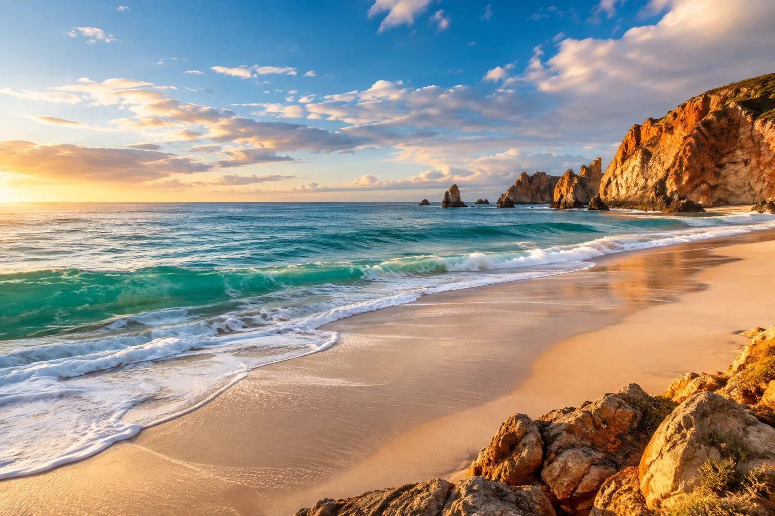 Illustrative beach holiday: wide coast and gentle surf