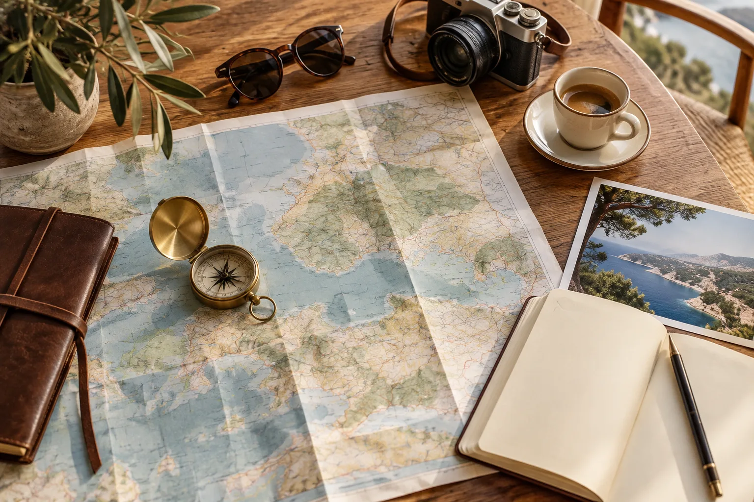 Map, travel photos and notebook as inspiration for joint travel planning