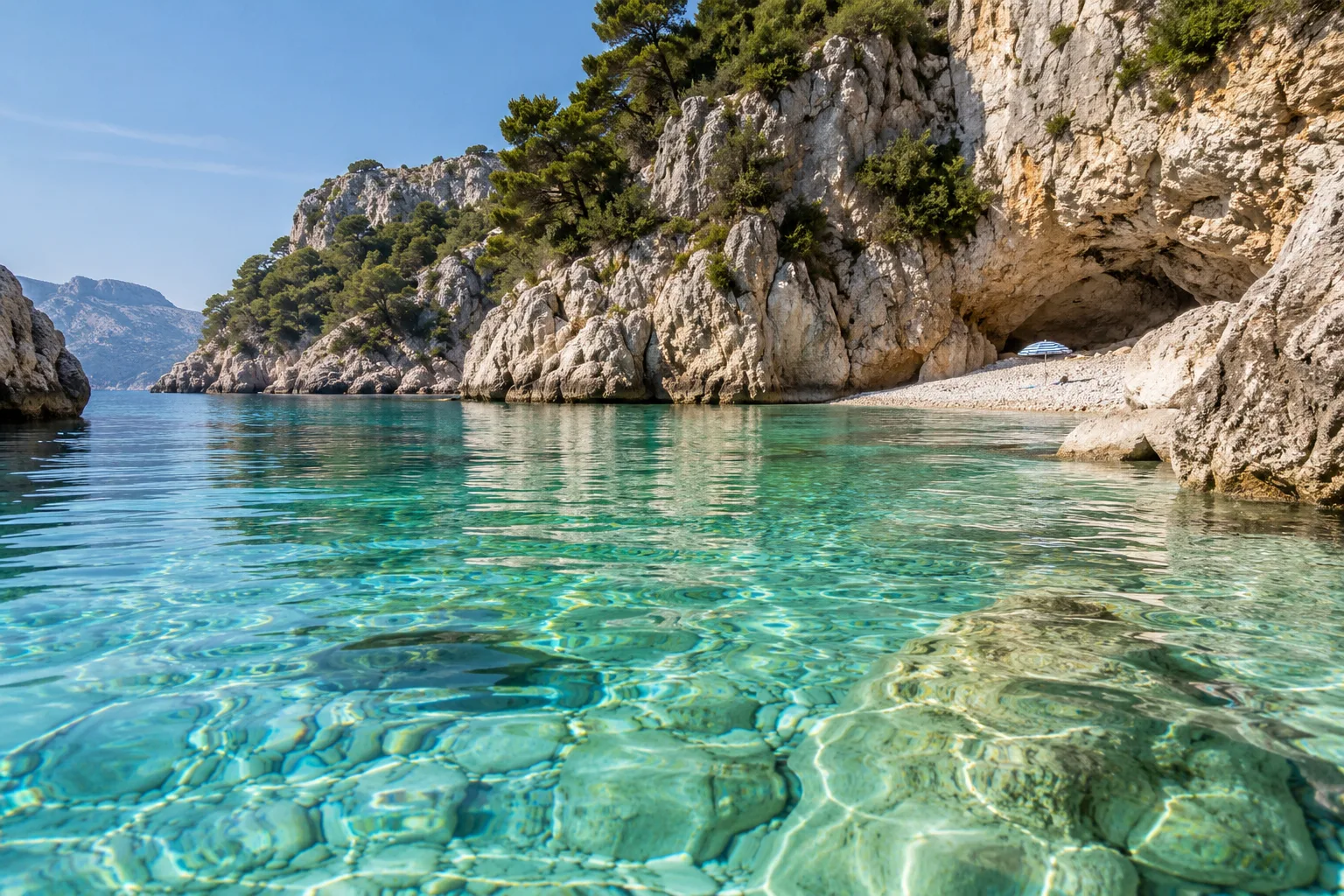 Illustrative travel idea: quiet bathing bay