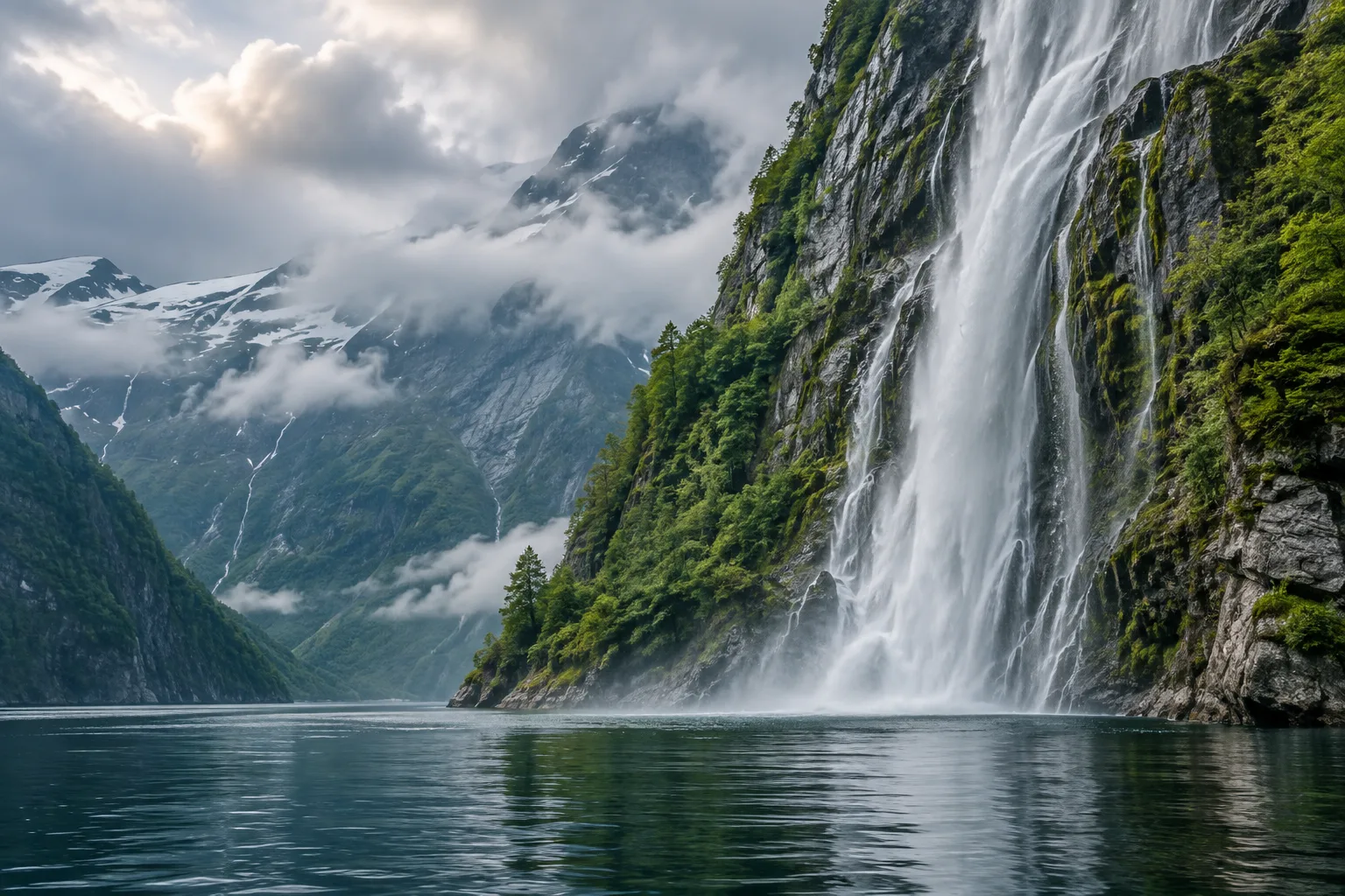 Illustrative Nordlandroute: Waterfall on the fjord
