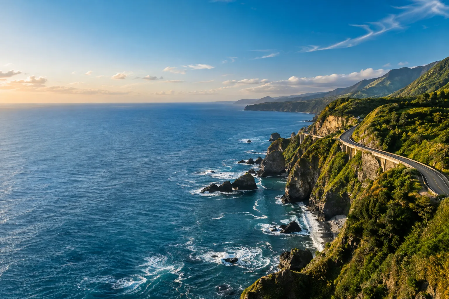 Illustrative travel inspiration: coastal road and wide horizon